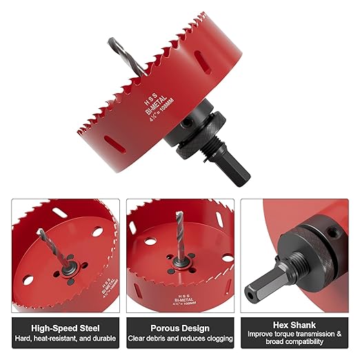 4-1/4" (108mm) Bi-Metal M42 High Speed Steel Hole Saw with Pilot Drill Bit, Smooth Cutting Edge for PVC, Drywall, Wood, Plastic, Gypsum Board, Rubber, Thin Metal