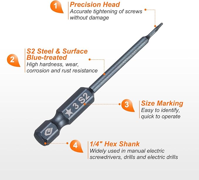 HARFINGTON 5pcs 5-Point Torx Screwdriver Bit 1/4" Hex Shank 3mm Magnetic Head 2.6" Length S2 Steel Pentagon Star Screw Driver Bit for Repair Work Electric Screwdriver, Blue