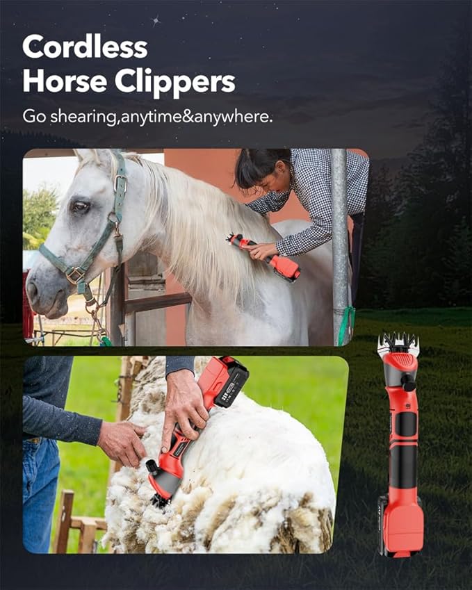 Sheep Shears, 20V Horse Clippers Cordless, 2x4.0Ah Batteries Brushless Clippers, Heavy Duty Electric Shears, Horse Grooming Kit for Thick Coat