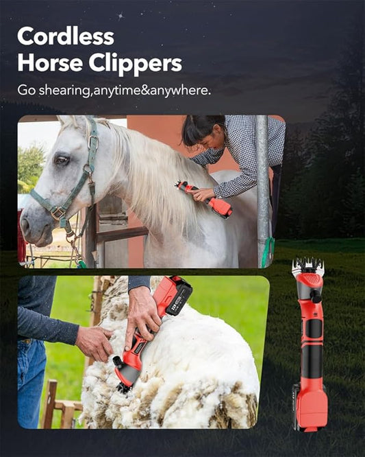 Sheep Shears, 20V Horse Clippers Cordless, 2x4.0Ah Batteries Brushless Clippers, Heavy Duty Electric Shears, Horse Grooming Kit for Thick Coat