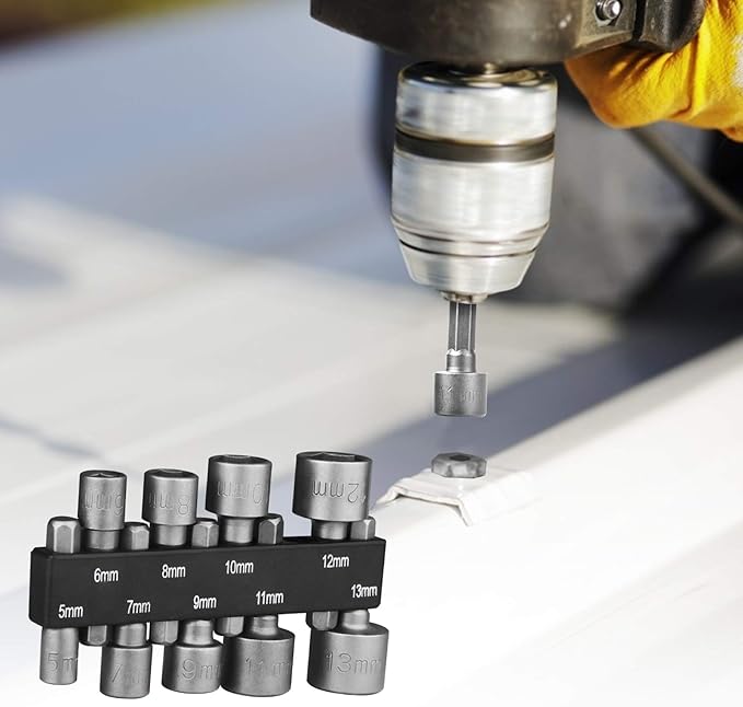 Nut Driver Set, HPHOPE 9 Pcs Socket Spanner Set 5-13mm Socket Bit Adapter 1/4 Inch Hex Shank, Suitable for Any Brand of Hand Drills, Electric Drills, Electric Screwdrivers and Socket Wrench