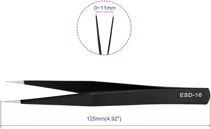 Aoje-Link ESD-16 Professional Anti-Static Precision Technology Tweezers, Non-magnetic Straight Pointed Tip, Stainless Steel Plastic Coated, Full Length 125mm, Black, 2pcs