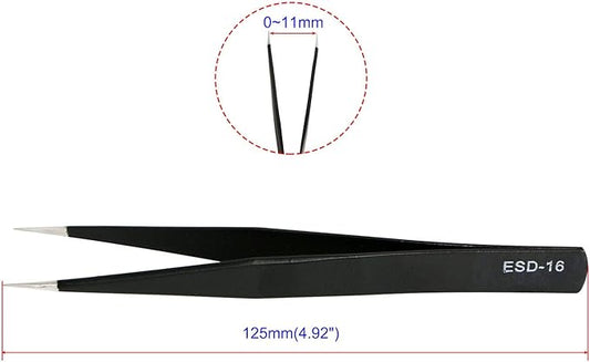 Aoje-Link ESD-16 Professional Anti-Static Precision Technology Tweezers, Non-magnetic Straight Pointed Tip, Stainless Steel Plastic Coated, Full Length 125mm, Black, 2pcs