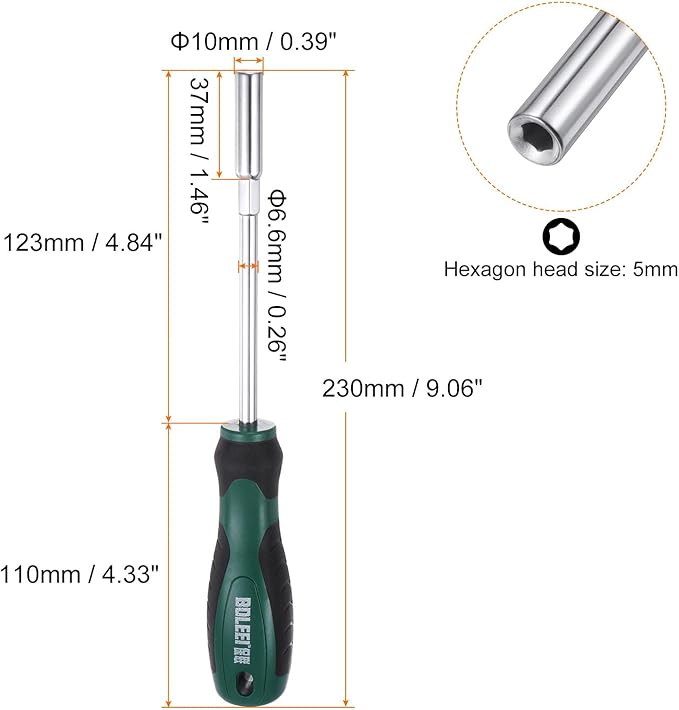 HARFINGTON Metric Nut Driver 5mm CR-V Non-Magnetic Tip Hollow Shafts Hex Socket Screwdriver with Non-Slip Handle for Automobile Repair