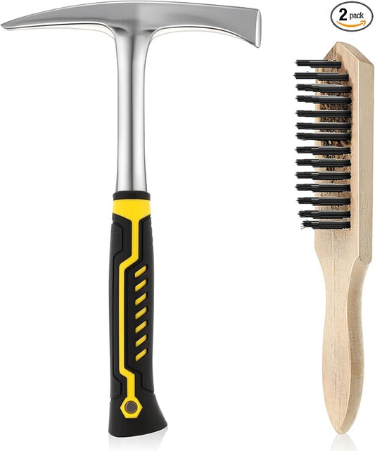 28 oz Welding Chipping Hammer and Wire Brush, 12.4 Inch Heavy Duty Forged Steel Slag Hammer with Non Slip Handle and Wire Brush Slag Removal Tool for Welders Metalworking Shipbuilding Casting