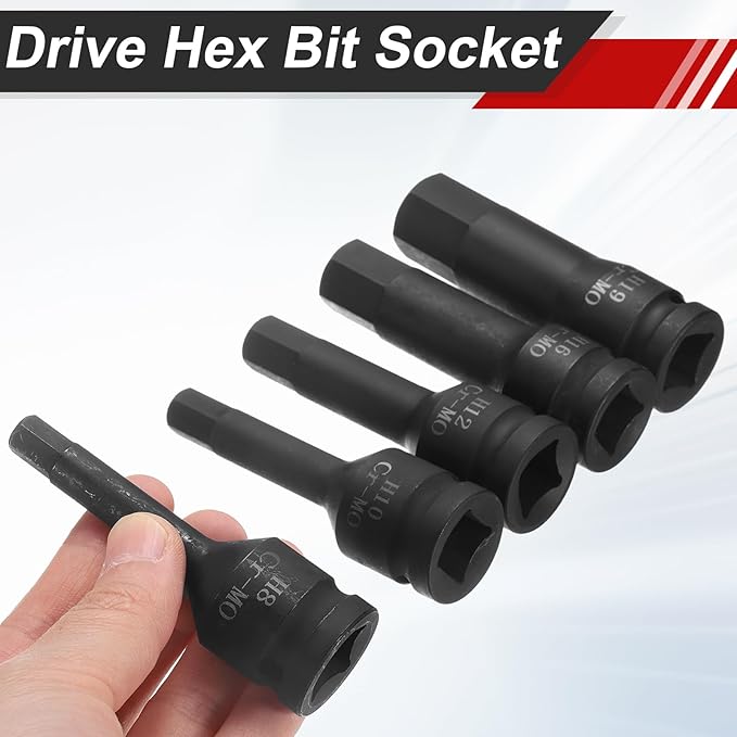 uxcell 1/2 Inch Drive Hex Impact Bit Socket Set H5-H19 Cr-Mo Steel Phosphate Black Lengthen Hex Screwdriver Socket Adapter Kit for Impact Wrenches Hand Tools 10pcs