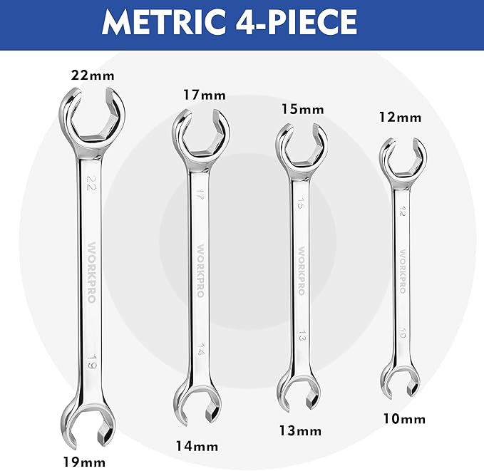 WORKPRO 4-Piece Flare Nut Wrench Set, Metric Brake Line Wrenches 10, 12, 13, 14, 15, 17, 19, 22mm, Cr-V Steel, 15째 Offset Head Tubing Wrench, Organizer Pouch Included