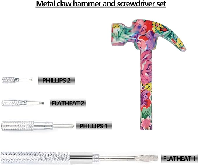 6-in-1 Multifunctional Metal Flower Hammer & Screwdriver Tool Set, Slotted/Flat Head Phillips Screwdriver Nail Puller with Non Slip Handle, Best Gift for Sweetheart (pink)