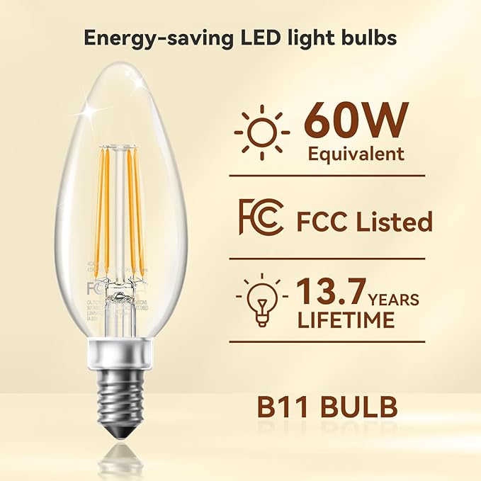TJOY LED Candelabra Bulbs Dimmable, 60W Equivalent Chandelier Light Bulb, E12 Small Base, 4.5W 5000K Daylight White, B11 Vintage Filament Clear Glass Candle Light for Ceiling Fan Chandeliers, 12Pack