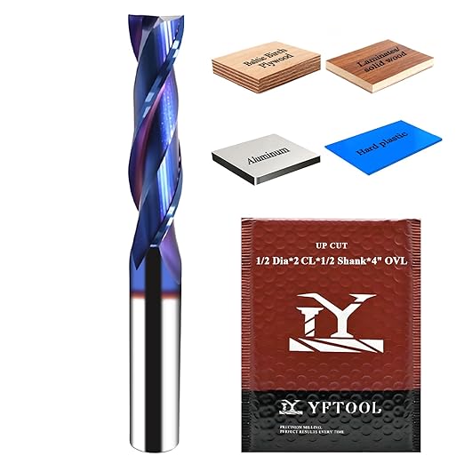 1/2 Shank Spiral Upcut Router Bit with Nano Blue Coating Carbide Extra Long 4" OVL Two Flute Up Cut Router Bit for Wood MDF Aluminum Carving CNC Endmill 1/2 Cut Diameter, 2" CL