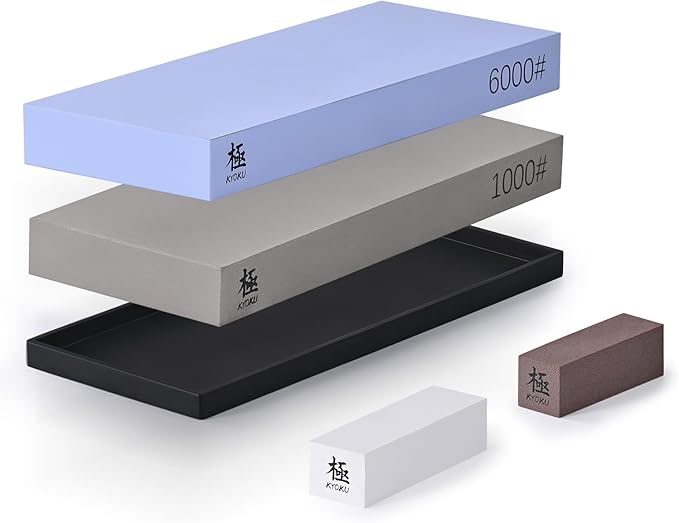 KYOKU Sharpening Stone Whetstone Kit, Knife Sharpening Set with 1000 & 6000 Grit Knife Sharpener Stones, Professional Japanese Whetstone Bundle with Nonslip Rubber Mat Rust Remover Flattening Stone