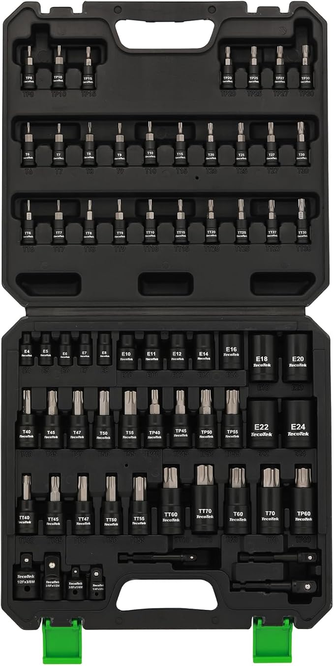 67-Piece Master Torx Bit Socket and External Torx Socket Set, 1/4", 3/8" and 1/2" Drive, S2 and Cr-V Steel, E4 - E24, T6 - T70, TT6 - TT70, TP8 - TP60, Includes 7PCS Socket Adapters