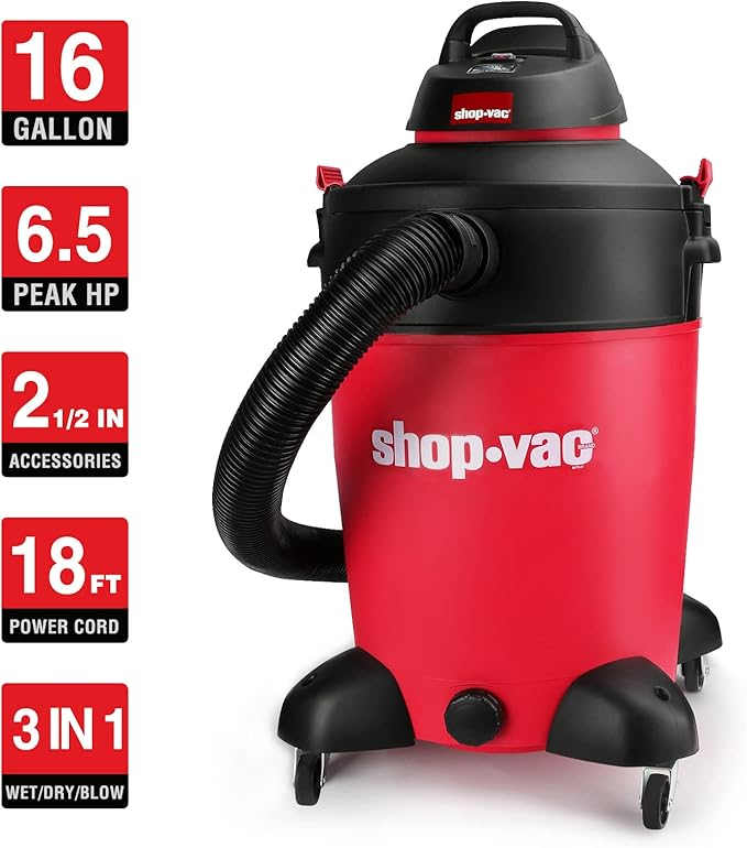 Shop-Vac 5983389 Wet/Dry Vacuum Cleaner, 16 Gallon, 6.5 Peak HP, 2.50 Inch Diameter x 8 Foot Hose, 18 Foot Cord, Ideal for Jobsite, Garage & Workshop