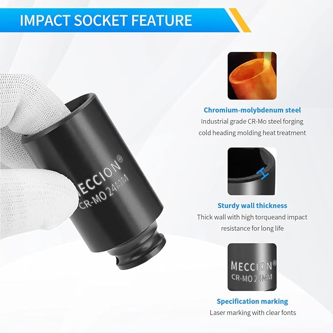 Meccion 3/8 Inch Drive Impact Socket 1/4 inch SAE, 6 Point Cr-Mo Deep Socket, 63mm Length