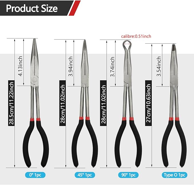 4 Pack 11" Long Nose Pliers Set with Portable Bag, Insulated Grip - Straight Needle Nose, 45/90 Degree Angle Curved & Circle Tools for Wire Bending, Shaping, Trimming