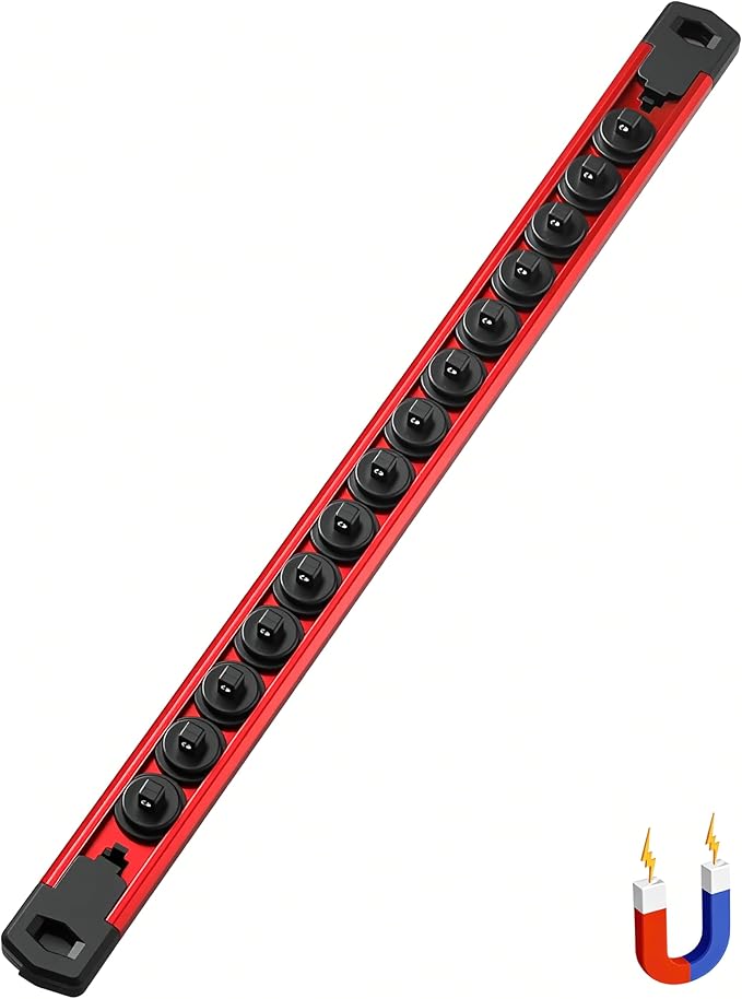 ALOANES 1/4-Inch Drive Magnetic Socket Organizer, Heavy Duty Aluminum Socket Rail Organizer, 360째 Swivel Clips Socket Rail Set For Sockets Storage, 1/4-Inch Socket Holder x 14 Clips (Red)