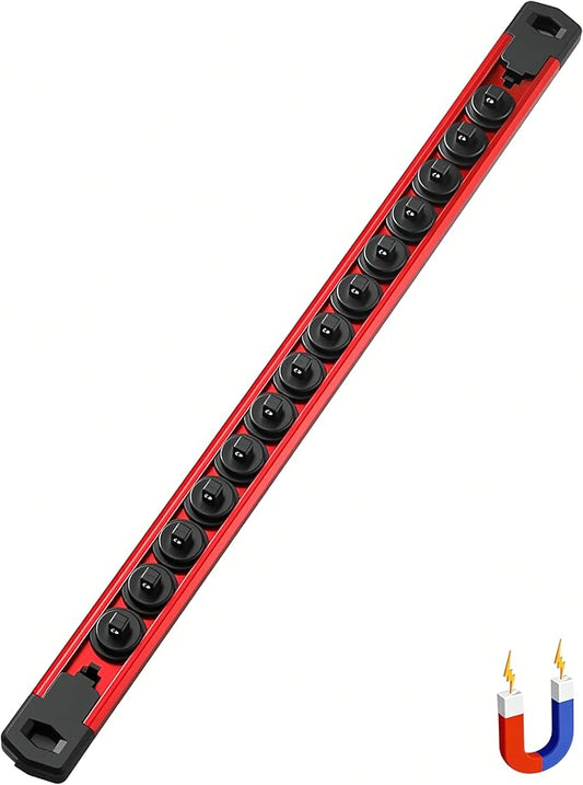 ALOANES 1/4-Inch Drive Magnetic Socket Organizer, Heavy Duty Aluminum Socket Rail Organizer, 360째 Swivel Clips Socket Rail Set For Sockets Storage, 1/4-Inch Socket Holder x 14 Clips (Red)