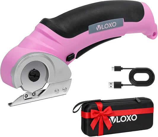 VLOXO Cordless Electric Scissors, Cardboard Cutter with Safety Lock 4.2V Electric Mini Cutter Power Rotary Scissors for Leather Felt Rug Box with Storage Box Pink