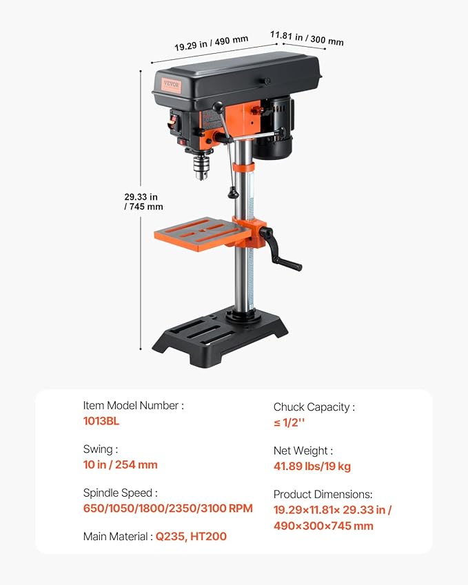 VEVOR Benchtop Drill Press, 3.2 Amp and 5-Speed Adjustable Drill Press with 10 in Swing, Cast Iron Frame, Worktable Tilts 0-45째, Ideal for Drilling Wood & Metal