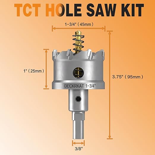 DECKRKAT 1-3/4" TCT Hole Saws for Hard Metal, Heavy Duty 45mm Tungsten Carbide Tipped Hole Cutters Set with Spring-Loaded Pilot Drill Bits for Stainless Steel, Metal, Iron, and Plastic.