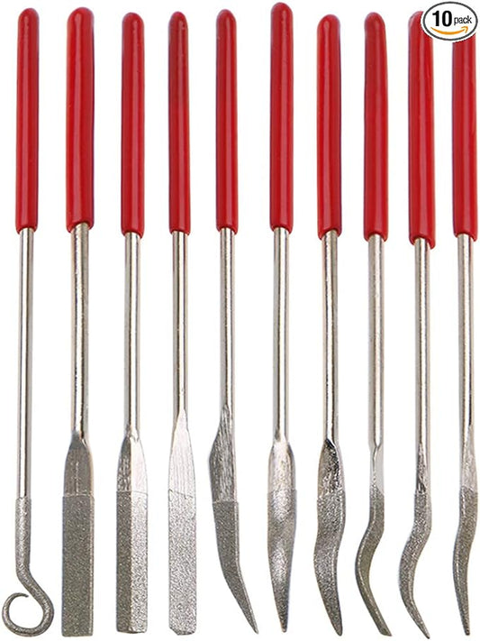 YAKAMOZ 10 Pcs Assorted Mini Diamond File Set Flat Needle Square Round Shape Rifler Files for Metal Jewelers Glass Wood Carving Craft Handy Curved Files Tool - 3x140mm