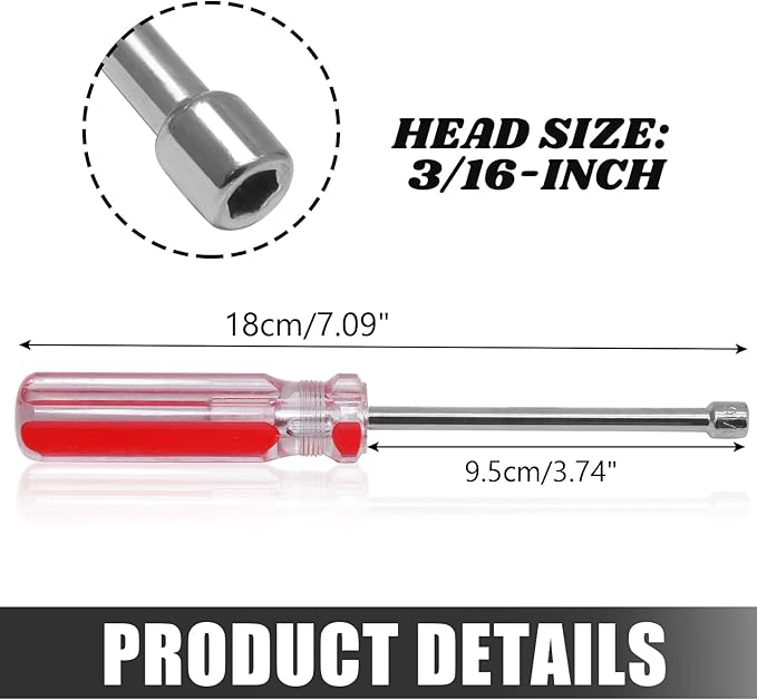 3/16 Inch Hex Nut Driver, Socket Wrench Screwdriver with 3.7-Inch Hollow Shaft, Cushion Grip Handle