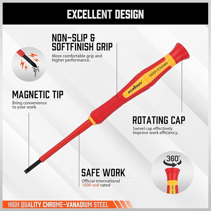 HORUSDY 1000V 6-Piece Mini Insulated Screwdriver Set, Magnetic Tip Mini Electrician Screwdriver Set Slotted(1.8??.0??.5??.0mm), Phillips: (PH00, PH0) VDE & GS Certified for Safe Electrician Repair