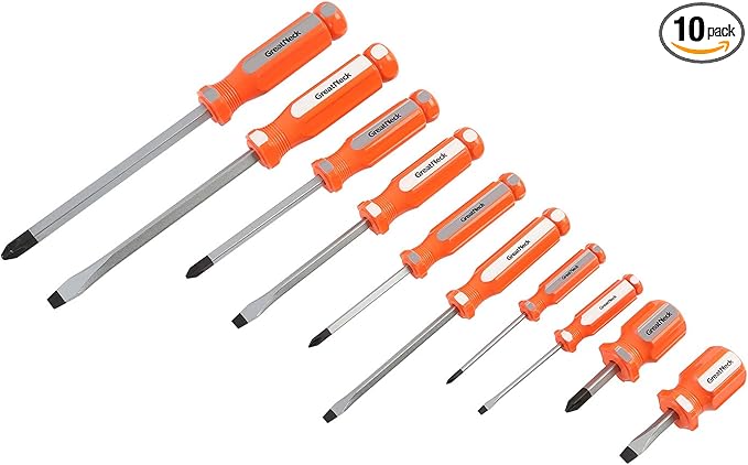 GreatNeck 73773 10 Piece Screwdriver Set, Phillips and Slotted Screwdriver Kit, Magnetic Tips, Impact-Resistant Handle with Fluted Design for Sure Grip
