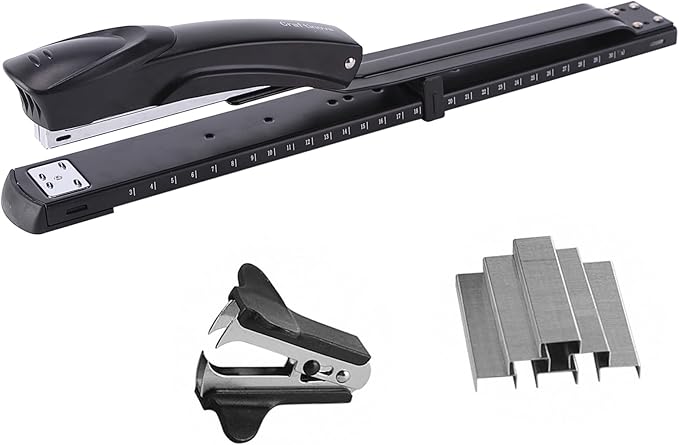 Long Reach Stapler,with 2000 Staples & Stapler Remover Full Strip竊?0-25 Sheet Capacity,with Built-in Ruler and Adjustable Locking Paper Guide, Black