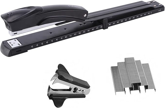 Long Reach Stapler,with 2000 Staples & Stapler Remover Full Strip竊?0-25 Sheet Capacity,with Built-in Ruler and Adjustable Locking Paper Guide, Black