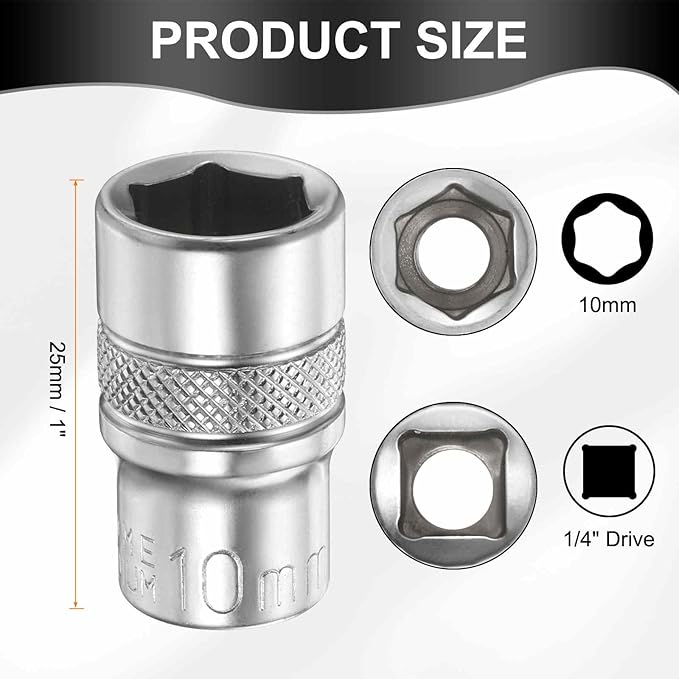 HARFINGTON 6 Points Deep Socket 1/4" Drive 10mm Deep Metric CR-V Steel Polished Nickel Plating Flip Sleeve 25mm / 1" Extra Long Socket Tool for Home Auto Nuts Bolts Repair