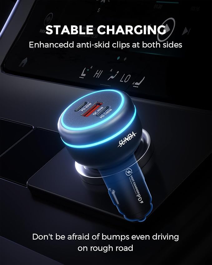 SUNDA 230W USB C Fast Car Charger, 3-Ports Car Charger Adapter, Dual Type C PD140W/PPS63W Compatible with iPhone17/16Pro/Max/iPhone15/Laptop/Galaxy/SamsungS25, USB-A 45W QC3.0 for Android