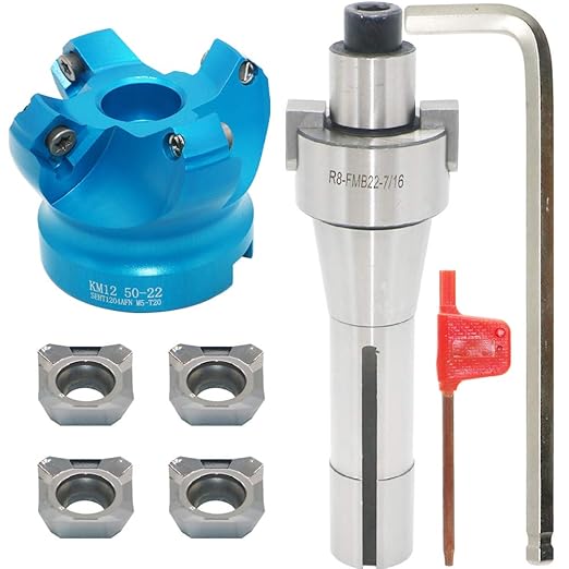 2 Inch Face Milling Cutter Aluminum KM12 50MM CNC End Milling Cutter Holder + R8-FMB22 Shank Face Shell Mill Arbor + 4pcs SEHT1204 Carbide Inserts + 8mm Hexagon Wrench + T20 Wrench CNC Machine Tools