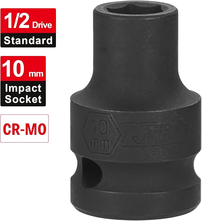 JETECH 1/2 Inch Drive 10mm Standard Impact Socket, Chrome Molybdenum Alloy Steel, 6-Point Design, Metric