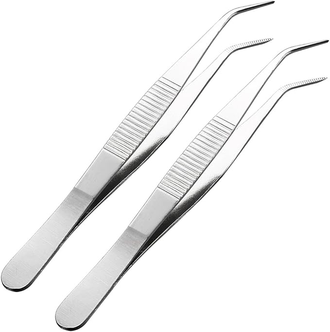 uxcell 2 Pcs 5.5-Inch Stainless Steel Tweezers with Curved Pointed Serrated Tip
