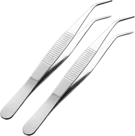uxcell 2 Pcs 5.5-Inch Stainless Steel Tweezers with Curved Pointed Serrated Tip