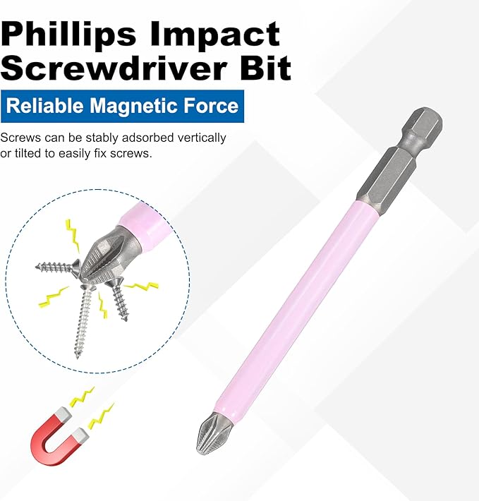 HARFINGTON 2pcs #2 Phillips Impact Screwdriver Bit PH2 1/4" Hex Shank 3.5" (90mm) Magnetic Anti Slip Cross Head Drill Bits K5 Steel Screw Driver Tool, Pink