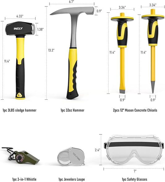 INCLY 7 Pcs Geology Rock Pick Equipment Kit, 3lb Sledge &32 oz Rock Hammer with 2PCS 12" Mason Concrete Chisel.Safety Glasses, Jewelers loupe, Tool Set for Hounding, GoldMining, Stone Breaking