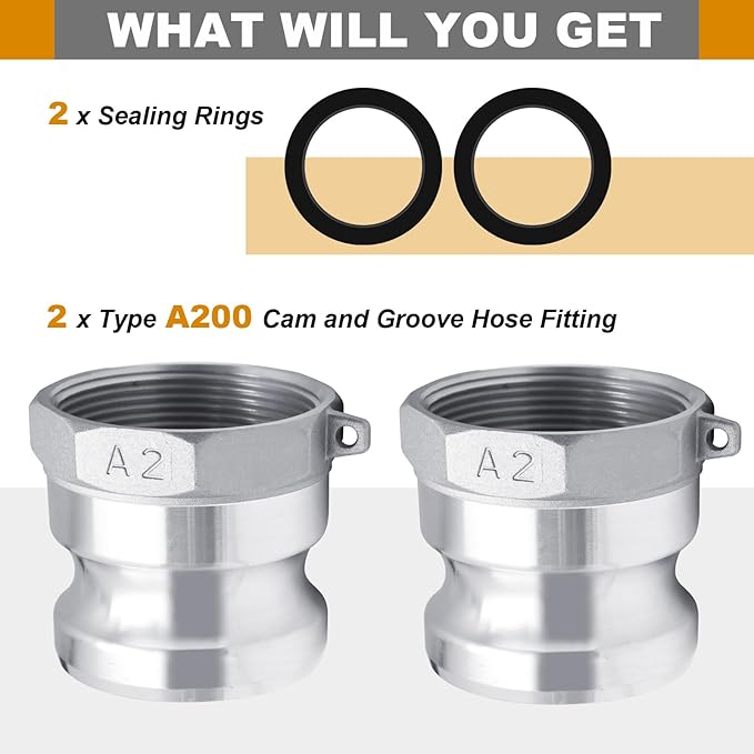 2" Aluminum Cam and Groove Hose Fitting, Global Type A200 Plug x Female NPT Camlock Fitting, Pack of 2