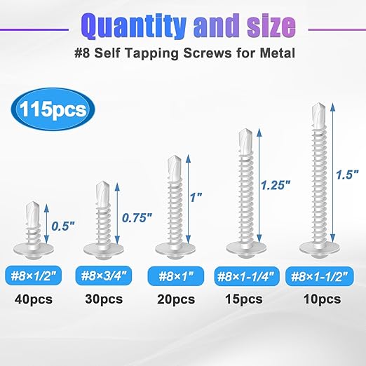 mxuteuk #8 Self Tapping Screws,410 Stainless Steel Self Tapping Screws for Metal,(1/2",5/8",3/4",1",1-1/4") Modified Truss Head Self Drilling Screw Sheet Metal Screw for Metal(115PCS)