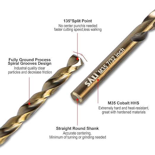 SALI Cobalt Drill Bit Set, 10Pcs 7/32" M35 High Speed Steel Jobber Length Drill Bit Kit for Hardened Metal, Stainless Steel, Cast Iron, Wood and Plastic, with Index Storage Case