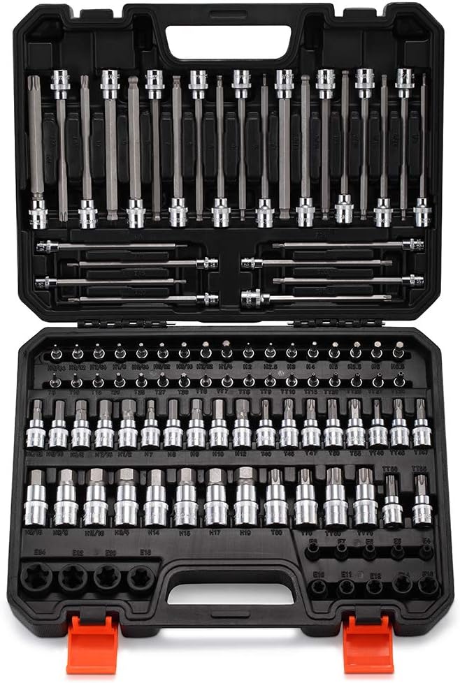 107-Piece Allen and Torx Bit Socket Set, 1/4", 3/8" and 1/2" Drive Hex/Ball End Hex/Extra Long Tamper Proof Torx SAE & Metric Bit Set