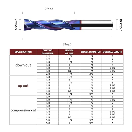 1/2 Shank Spiral Upcut Router Bit with Nano Blue Coating Carbide Extra Long 4" OVL Two Flute Up Cut Router Bit for Wood MDF Aluminum Carving CNC Endmill 1/2 Cut Diameter, 2" CL