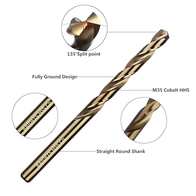 5/16 Inch Cobalt Drill Bits - Set of 10 Pcs, BAIDETS M35 High Speed Steel Jobber Drill Bits, Twist Drill Bits Set for Hard Metal, Stainless Steel, Cast Iron, Plastic and Wood