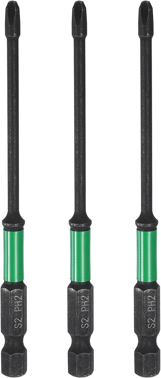 HARFINGTON 3pcs #2 Impact Phillips Screwdriver Bit PH2 1/4" Hex Shank 4" (100mm) Long 0.12" Rod Magnetic Cross Head Drill Bits S2 Steel Industrial Screw Driver for Impact Power Drivers