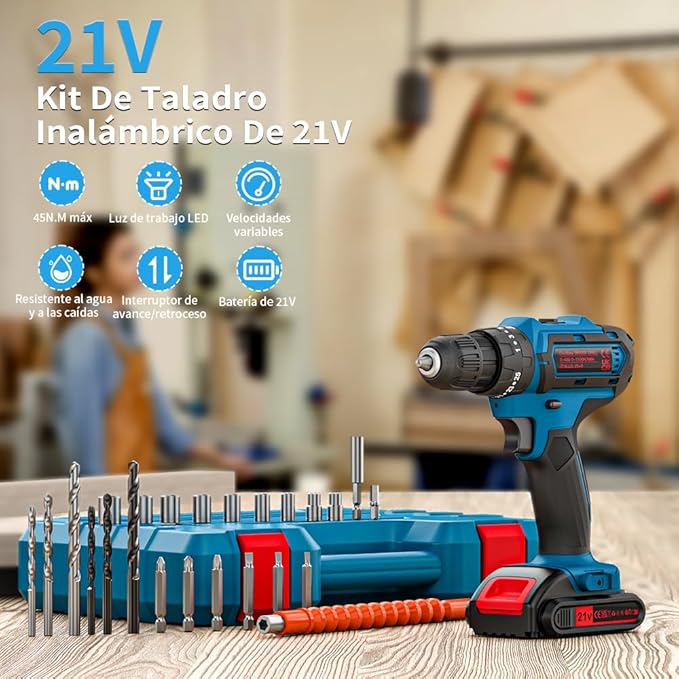 21V Cordless Drill with 2 Batteries and Charger, 25+1+1 Torque Setting Electric Drill with 26 Acessories, Built-in 3/8'' Keyless Chuck, LED Light, Max 398 in/lb Electric Screwdriver