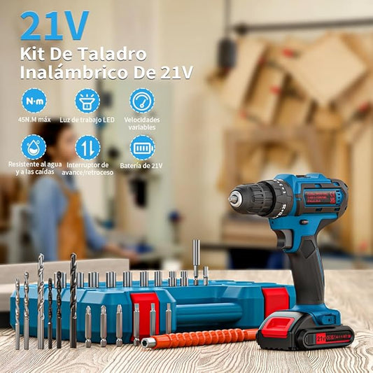 21V Cordless Drill with 2 Batteries and Charger, 25+1+1 Torque Setting Electric Drill with 26 Acessories, Built-in 3/8'' Keyless Chuck, LED Light, Max 398 in/lb Electric Screwdriver