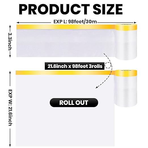 ADHES Pre Taped Masking Film with Adhesive Edge, 22 inch x 98 feet, 3 Rolls No Residue Masking Tape for Painting, Automotive, and DIY Projects Tape and Drape for Floor Furniture Protection