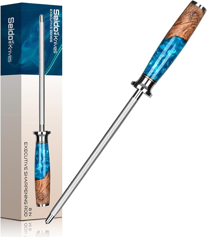 Executive 8-Inch Diamond Sharpening Rod | Blue Resin & Stabilized Wood Handle | Professional Knife Sharpening