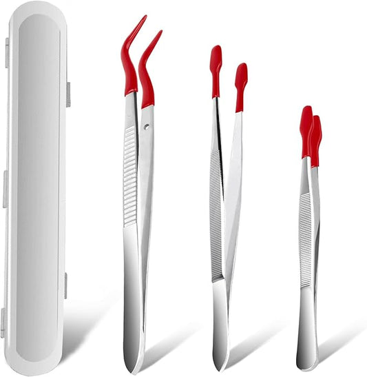 3PCS Tip Tweezers, Silicone Rubber Flat Tipped Tweezers Bent Tip for Jewelry Coin Stamp (Red)